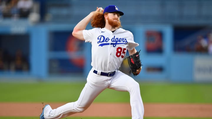 Los Angeles Dodgers starting pitcher Dustin May (85) throws against the San Diego Padres