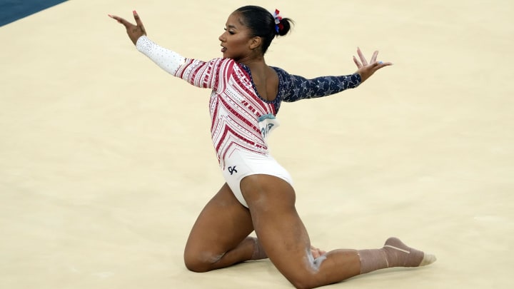 Jul 30, 2024; Paris, France; Jordan Chiles of the United States competes on the floor exercise during the women’s team final at the Paris 2024 Olympic Summer Games at Bercy Arena. 