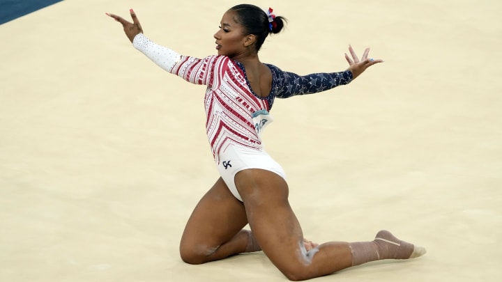 Jul 30, 2024; Paris, France; Jordan Chiles of the United States competes on the floor exercise during the women’s team final at the Paris 2024 Olympic Summer Games at Bercy Arena. 