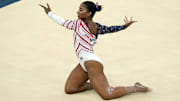 Jordan Chiles of the United States competes on the floor exercise during the women’s team final at the Paris Olympics. 