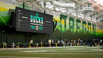 Oregon Pro Day Tuesday, March 12, 2024, at the Moshofsky Center in Eugene, Ore.