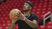 Apr 20, 2025; Houston, Texas, USA; Golden State Warriors forward Jimmy Butler III (10) warms up before the game against the Houston Rockets at Toyota Center. Mandatory Credit: Troy Taormina-Imagn Images