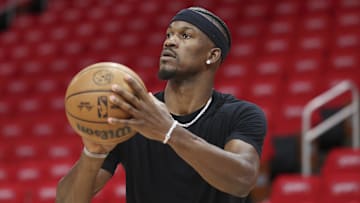 Apr 20, 2025; Houston, Texas, USA; Golden State Warriors forward Jimmy Butler III (10) warms up before the game against the Houston Rockets at Toyota Center. Mandatory Credit: Troy Taormina-Imagn Images