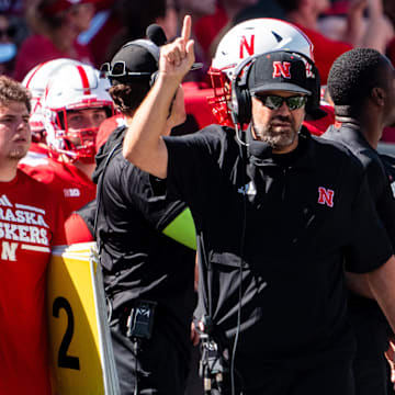 Aug 31, 2024; Lincoln, Nebraska, USA; Nebraska Cornhuskers head coach Matt Rhule reacts during the second quarter against the UTEP Miners at Memorial Stadium.