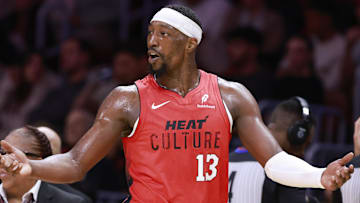 Dec 12, 2024; Miami, Florida, USA;  Miami Heat center Bam Adebayo (13) reacts against the Toronto Raptors during the second half at Kaseya Center. Mandatory Credit: Rhona Wise-Imagn Images