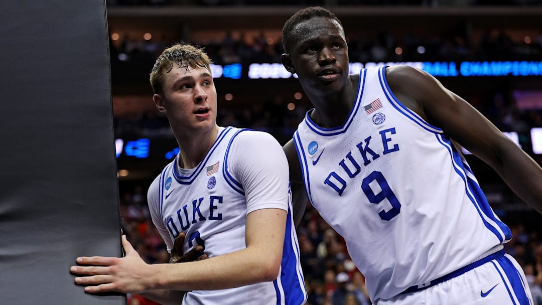 Mar 27, 2025; Newark, NJ, USA; Duke Blue Devils forward Cooper Flagg (2) reacts with center Khaman Maluach (9) during the second half against the Arizona Wildcats during an East Regional semifinal.