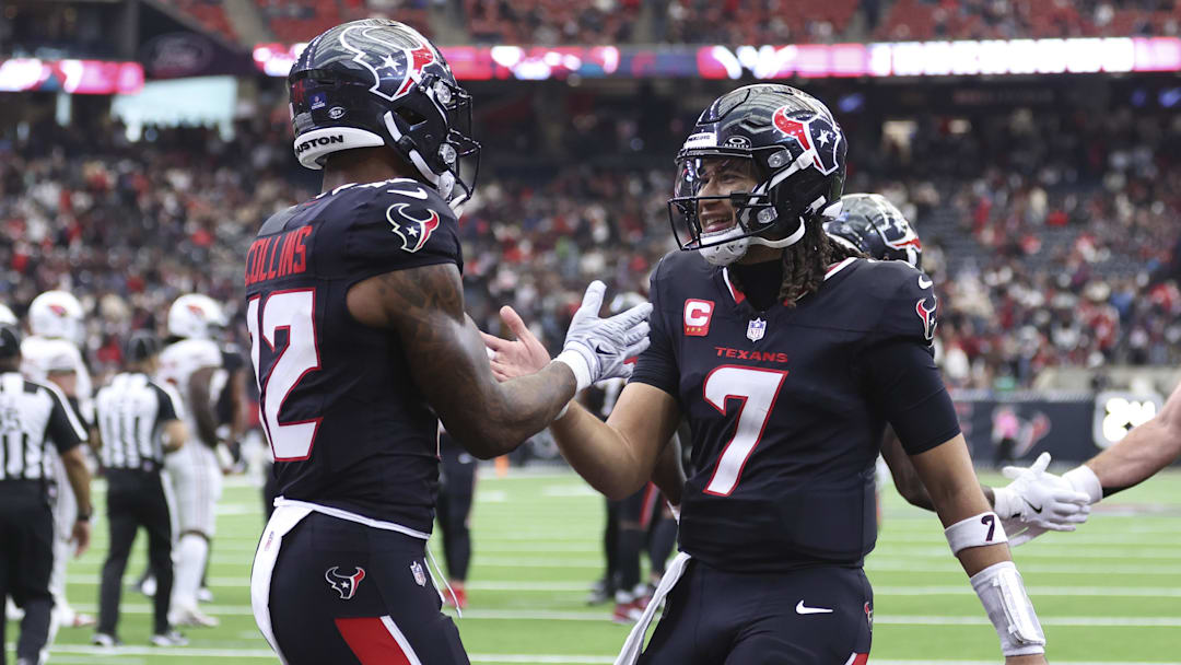 Dec 14, 2025; Houston, Texas, USA; Houston Texans quarterback C.J. Stroud (7) celebrates with wide receiver Nico Collins (12) after a touchdown during the second half against the Arizona Cardinals at NRG Stadium. Mandatory Credit: Troy Taormina-Imagn Images
