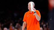 Oklahoma State coach Steve Lutz talks to his players during a men's college Bedlam basketball game between the University of Oklahoma Sooners (OU) and the Oklahoma State University Cowboys (OSU) at Paycom Center in Oklahoma City, Saturday, Dec. 14, 2024. Oklahoma won 80-65.
