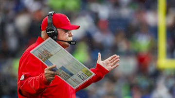 Aug 15, 2025; Seattle, Washington, USA; Kansas City Chiefs head coach Andy Reid reacts to a fourth down stop by the Seattle Seahawks during the first quarter at Lumen Field. Mandatory Credit: Joe Nicholson-Imagn Images