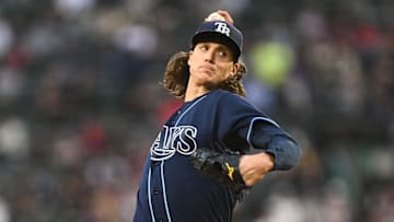 Sep 27, 2023; Boston, Massachusetts, USA; Tampa Bay Rays starting pitcher Tyler Glasnow (20) pitches