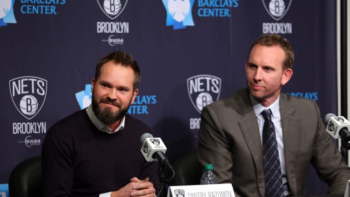 Feb 19, 2016; Brooklyn, NY, USA; Brooklyn Nets chairman of the board of directors Dmitry Razumov (left) introduces new general manager Sean Marks to the media during a press conference before a game against the New York Knicks at Barclays Center. Mandatory Credit: Brad Penner-USA TODAY Sports