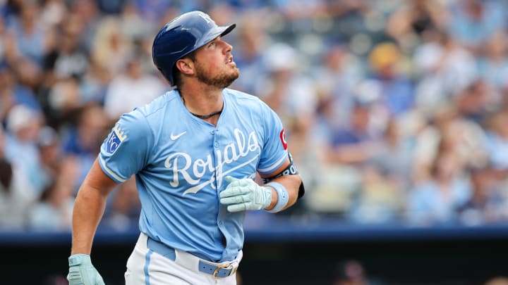 Jun 28, 2023; Kansas City, Missouri, USA; Kansas City Royals outfielder Hunter Renfroe (16) watches a pop fly during the second inning against the Cleveland Guardians at Kauffman Stadium. Mandatory Credit: William Purnell-USA TODAY Sports