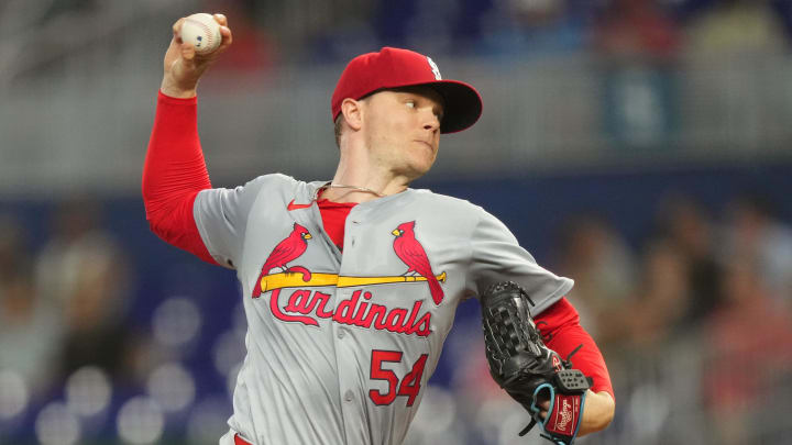 Jun 17, 2024; Miami, Florida, USA;  St. Louis Cardinals starting pitcher Sonny Gray (54) pitches in the first inning against the Miami Marlins at loanDepot Park. Mandatory Credit: Jim Rassol-USA TODAY Sports