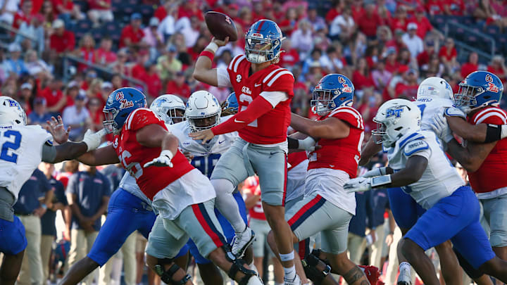 Sep 7, 2024; Oxford, Mississippi, USA; Mississippi Rebels quarterback Jaxson Dart (2) jump passes the ball during the second half against the Middle Tennessee Blue Raiders at Vaught-Hemingway Stadium. Mandatory Credit: Petre Thomas-Imagn Images