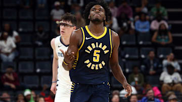 Oct 8, 2023; Memphis, Tennessee, USA; Indiana Pacers forward Jarace Walker (5) reacts after a three point basket during the second half against the Memphis Grizzlies at FedExForum. Mandatory Credit: Petre Thomas-Imagn Images