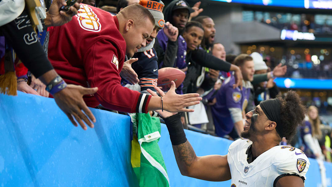 Oct 15, 2023; London, United Kingdom; Baltimore Ravens linebacker Tavius Robinson (95) after an NFL International Series game at Tottenham Hotspur Stadium. Mandatory Credit: Peter van den Berg-Imagn Images