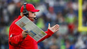 Aug 15, 2025; Seattle, Washington, USA; Kansas City Chiefs head coach Andy Reid reacts to a fourth down stop by the Seattle Seahawks during the first quarter at Lumen Field. Mandatory Credit: Joe Nicholson-Imagn Images
