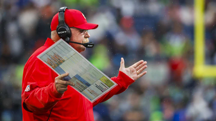 Aug 15, 2025; Seattle, Washington, USA; Kansas City Chiefs head coach Andy Reid reacts to a fourth down stop by the Seattle Seahawks during the first quarter at Lumen Field. Mandatory Credit: Joe Nicholson-Imagn Images