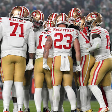 Dec 3, 2023; Philadelphia, Pennsylvania, USA; San Francisco 49ers offensive tackle Trent Williams (71), quarterback Brock Purdy (13) and running back Christian McCaffrey (23) against the Philadelphia Eagles at Lincoln Financial Field. Mandatory Credit: Eric Hartline-Imagn Images