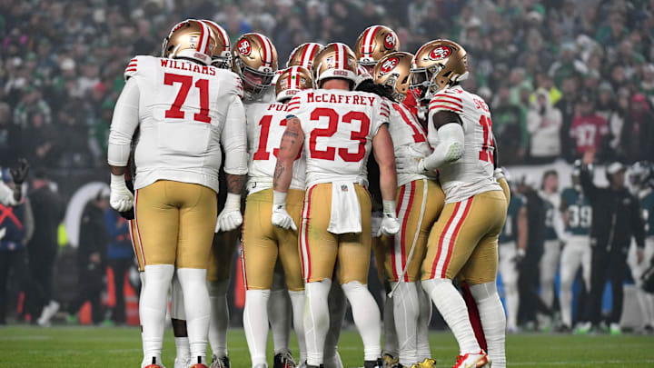 Dec 3, 2023; Philadelphia, Pennsylvania, USA; San Francisco 49ers offensive tackle Trent Williams (71), quarterback Brock Purdy (13) and running back Christian McCaffrey (23) against the Philadelphia Eagles at Lincoln Financial Field. Mandatory Credit: Eric Hartline-Imagn Images