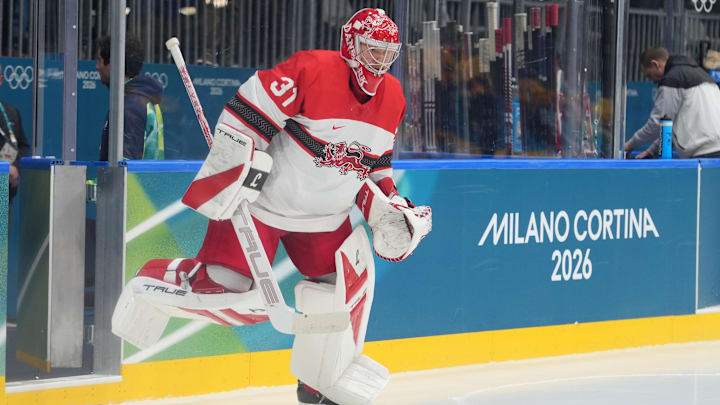 Feb 12, 2026; Milan, Italy; Frederik Andersen of Denmark skates onto the ice prior to the third period against Germany in men's ice hockey Group C play during the Milano Cortina 2026 Olympic Winter Games at Milano Rho Ice Hockey Arena. Mandatory Credit: Amber Searls-Imagn Images