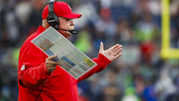 Aug 15, 2025; Seattle, Washington, USA; Kansas City Chiefs head coach Andy Reid reacts to a fourth-down stop by the Seattle Seahawks during the first quarter at Lumen Field.