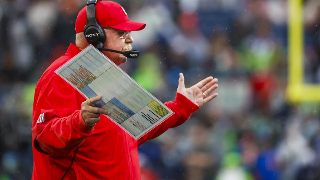 Kansas City Chiefs head coach Andy Reid reacts to a fourth-down stop by the Seattle Seahawks during the first quarter at Lumen Field.