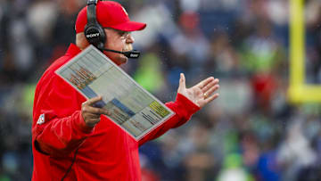 Kansas City Chiefs head coach Andy Reid reacts to a fourth-down stop by the Seattle Seahawks during the first quarter at Lumen Field.