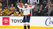 Nov 17, 2024; Las Vegas, Nevada, USA; Washington Capitals left wing Alex Ovechkin (8) celebrates after scoring a goal against the Vegas Golden Knights during the first period at T-Mobile Arena. Mandatory Credit: Stephen R. Sylvanie-Imagn Images