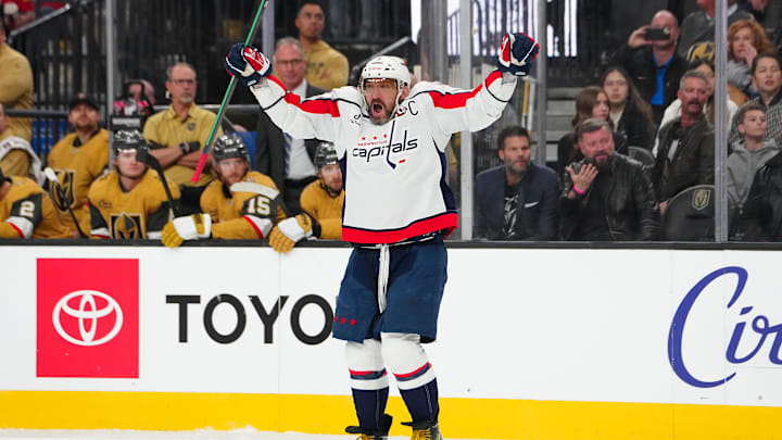 Nov 17, 2024; Las Vegas, Nevada, USA; Washington Capitals left wing Alex Ovechkin (8) celebrates after scoring a goal against the Vegas Golden Knights during the first period at T-Mobile Arena. Mandatory Credit: Stephen R. Sylvanie-Imagn Images