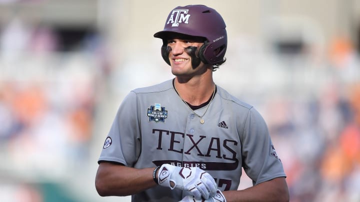 Texas A&M's Jace LaViolette (17) smiles during Game 3 of the NCAA College World Series finals between Tennessee and Texas A&M at Charles Schwab Field in Omaha, Neb., on Monday, June 24, 2024.