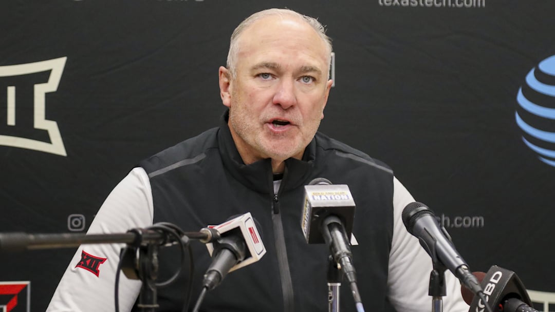 Nov 29, 2025; Morgantown, West Virginia, USA; Texas Tech Red Raiders head coach Joey McGuire speaks to the media after defeating the West Virginia Mountaineers at Milan Puskar Stadium. Mandatory Credit: Ben Queen-Imagn Images