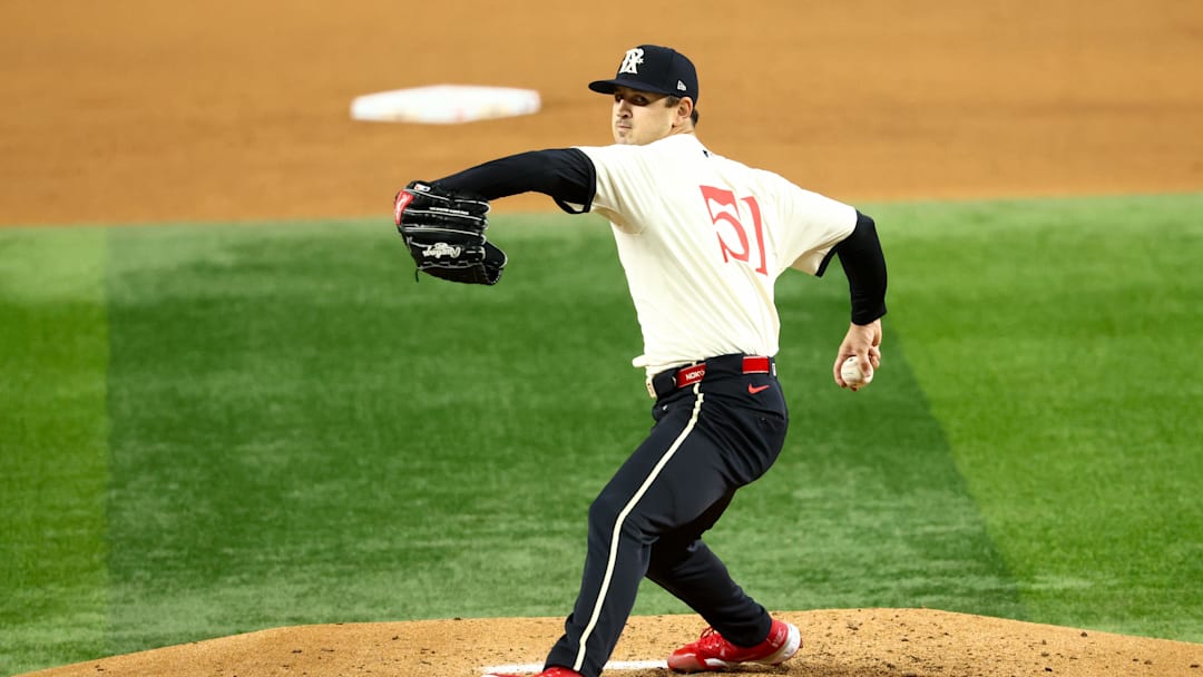 Sep 19, 2025; Arlington, Texas, USA;  Texas Rangers starting pitcher Tyler Mahle (51) throws during the fourth inning against the Miami Marlins at Globe Life Field. 