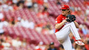 Aug 11, 2025; Cincinnati, Ohio, USA; Cincinnati Reds starting pitcher Andrew Abbott (41) pitches against the Philadelphia Phillies in the first inning at Great American Ball Park. Mandatory Credit: Katie Stratman-Imagn Images