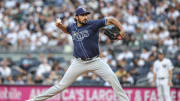 Jul 19, 2024; Bronx, New York, USA;  Tampa Bay Rays starting pitcher Zach Eflin (24) pitches in the first inning against the New York Yankees at Yankee Stadium. Mandatory Credit: Wendell Cruz-USA TODAY Sports