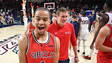 Feb 22, 2025; Spokane, Washington, USA; St. Mary's Gaels guard Mikey Lewis (0) celebrates after a game against the Gonzaga Bulldogs at McCarthey Athletic Center. Mandatory Credit: James Snook-Imagn Images
