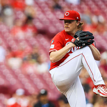 Aug 11, 2025; Cincinnati, Ohio, USA; Cincinnati Reds starting pitcher Andrew Abbott (41) pitches against the Philadelphia Phillies in the first inning at Great American Ball Park. Mandatory Credit: Katie Stratman-Imagn Images