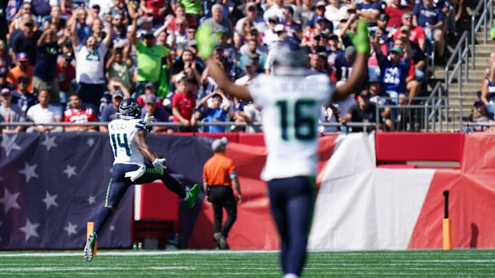 Sep 15, 2024; Foxborough, Massachusetts, USA; Seattle Seahawks wide receiver DK Metcalf (14) scores a touchdown against the New England Patriots in the first quarter at Gillette Stadium. Mandatory Credit: David Butler II-Imagn Images