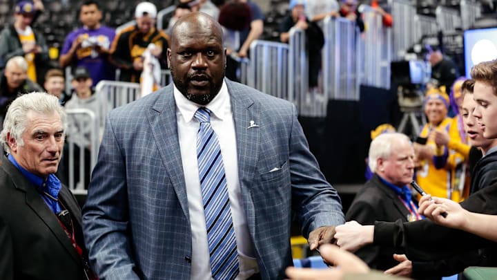 Mar 13, 2017; Denver, CO, USA; NBA former player Shaquille O'Neal greets fans prior to the game between the Denver Nuggets and the Los Angeles Lakers at the Pepsi Center. Mandatory Credit: Isaiah J. Downing-Imagn Images Mar 13, 2017; Denver, CO, USA; NBA former player Shaquille O'Neal greets fans prior to the game between the Denver Nuggets and the Los Angeles Lakers at the Pepsi Center. Mandatory Credit: Isaiah J. Downing-Imagn Images