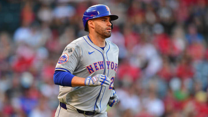 August 3, 2024; Anaheim, California, USA; New York Mets designated hitter J.D. Martinez (28) runs after hitting a single against the Los Angeles Angels during the first inning at Angel Stadium. Mandatory Credit: Gary A. Vasquez-USA TODAY Sports