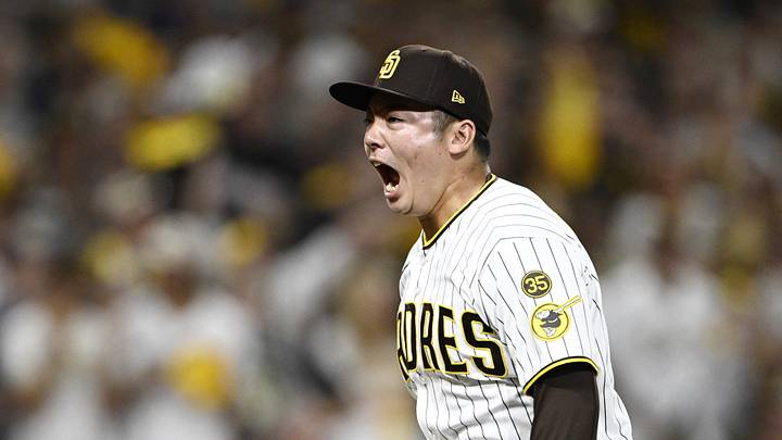 Oct 6, 2026; San Diego, California, USA;  San Diego Padres pitcher Yuki Matsui (1) celebrates a ground out to end the top of the fifth inning against the Milwaukee Brewers in game three of the NLDS for the 2026 MLB Playoffs at Petco Park.  Mandatory Credit: Denis Poroy-Imagn Images