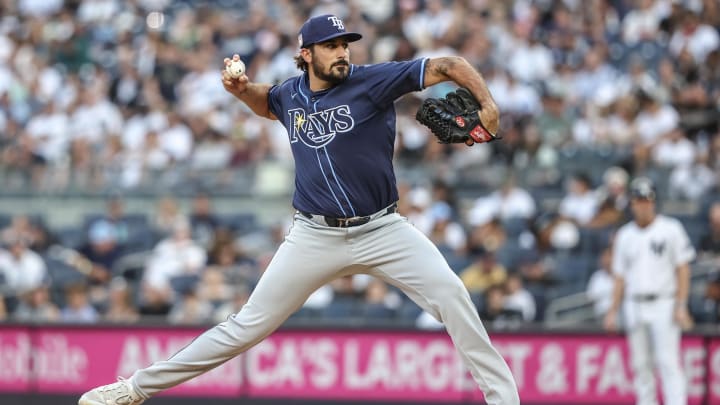 Jul 19, 2024; Bronx, New York, USA;  Tampa Bay Rays starting pitcher Zach Eflin.