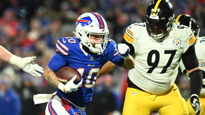 Jan 15, 2024; Orchard Park, New York, USA; Buffalo Bills wide receiver Khalil Shakir (10) runs the ball in the second half against the Pittsburgh Steelers in a 2024 AFC wild card game at Highmark Stadium. Mandatory Credit: Mark Konezny-USA TODAY Sports