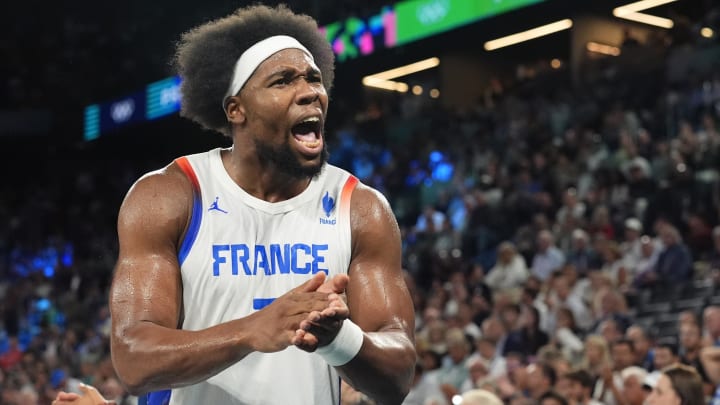 Aug 8, 2024; Paris, France; France power forward Guerschon Yabusele (7) celebrates during the second half against Germany in a men's basketball semifinal game during the Paris 2024 Olympic Summer Games at Accor Arena. Mandatory Credit: Rob Schumacher-USA TODAY Sports