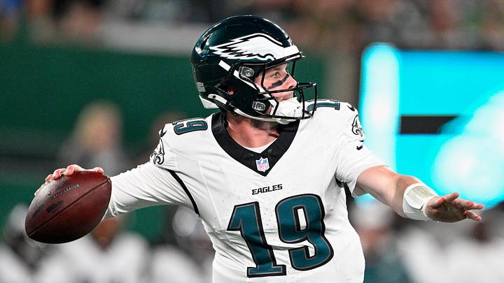 Aug 22, 2025; East Rutherford, New Jersey, USA; Philadelphia Eagles quarterback Kyle McCord (19) looks to pass the ball during the first quarter against the New York Jets at MetLife Stadium. Mandatory Credit: Mark Smith-Imagn Images