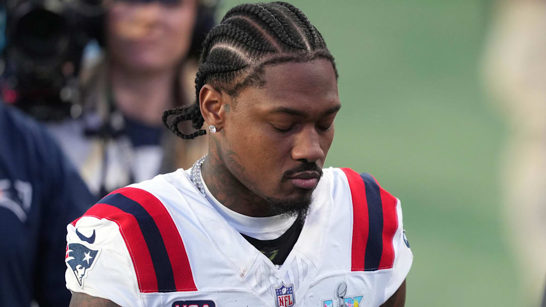 Feb 8, 2026; Santa Clara, CA, USA; New England Patriots wide receiver Stefon Diggs (8) during halftime against the Seattle Seahawks in Super Bowl LX at Levi's Stadium.