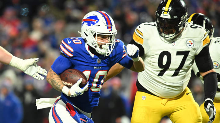 Jan 15, 2024; Orchard Park, New York, USA; Buffalo Bills wide receiver Khalil Shakir (10) runs the ball in the second half against the Pittsburgh Steelers in a 2024 AFC wild card game at Highmark Stadium. Mandatory Credit: Mark Konezny-USA TODAY Sports