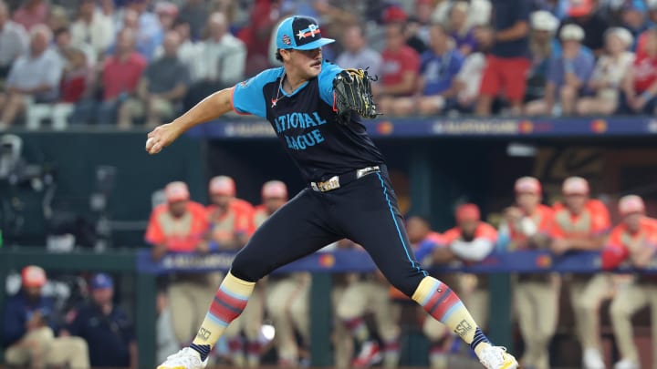 Jul 16, 2024; Arlington, Texas, USA; National League pitcher Paul Skenes of the Pittsburgh Pirates (30) pitches against the American League in the first inning during the 2024 MLB All-Star game at Globe Life Field. Mandatory Credit: Kevin Jairaj-USA TODAY Sports