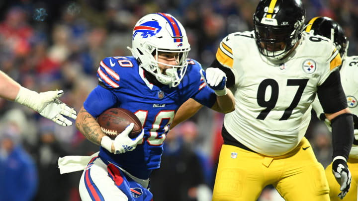 Jan 15, 2024; Orchard Park, New York, USA; Buffalo Bills wide receiver Khalil Shakir (10) runs the ball in the second half against the Pittsburgh Steelers in a 2024 AFC wild card game at Highmark Stadium. Mandatory Credit: Mark Konezny-USA TODAY Sports