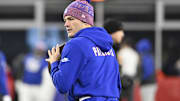 New England Patriots quarterback Drake Maye (10) warms up prior to the game against the New York Giants at Gillette Stadium.